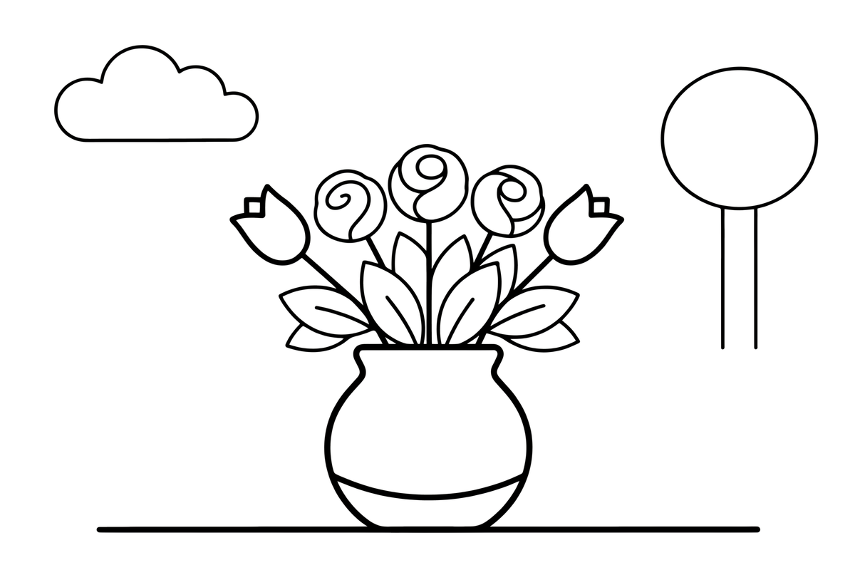 A full vase packed with roses, tulips and leaves – Spring Bouquet Flower coloring page