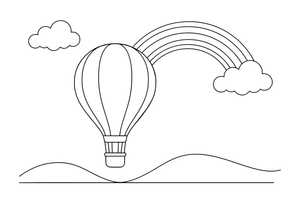 A hot air balloon drifting past a rainbow – Colorful Hot Air Balloon coloring page