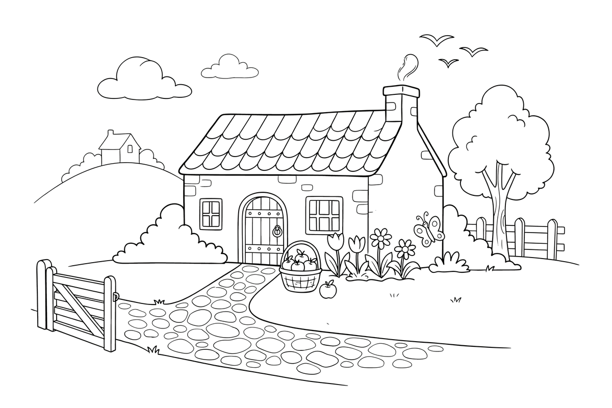 A cozy stone cottage with a thatched roof and a round door – Cottages coloring page