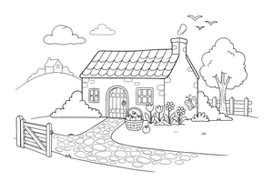 A cozy stone cottage with a thatched roof and a round door – Cottages coloring page