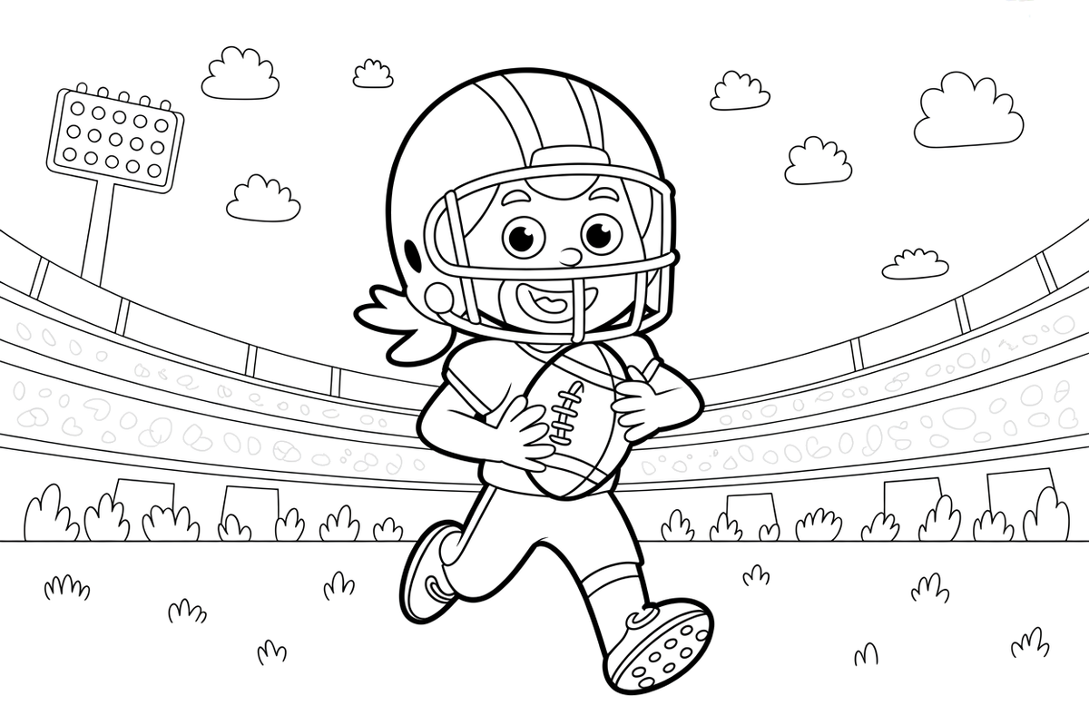 A football player girl holding an oval ball, ready to run – American Football coloring page