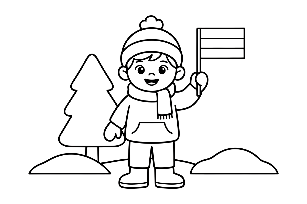 A child holding a small three-striped flag – Day of Restoration of the State of Lithuania Winter coloring page