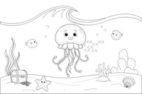 A jellyfish with a round dome and wavy tentacles in the sea – Glowing Jellyfish coloring page