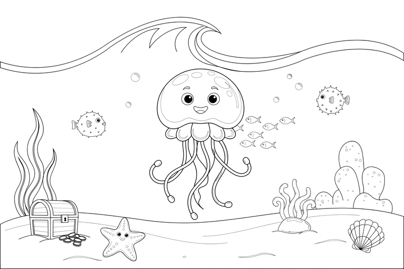 A jellyfish with a round dome and wavy tentacles in the sea – Glowing Jellyfish coloring page