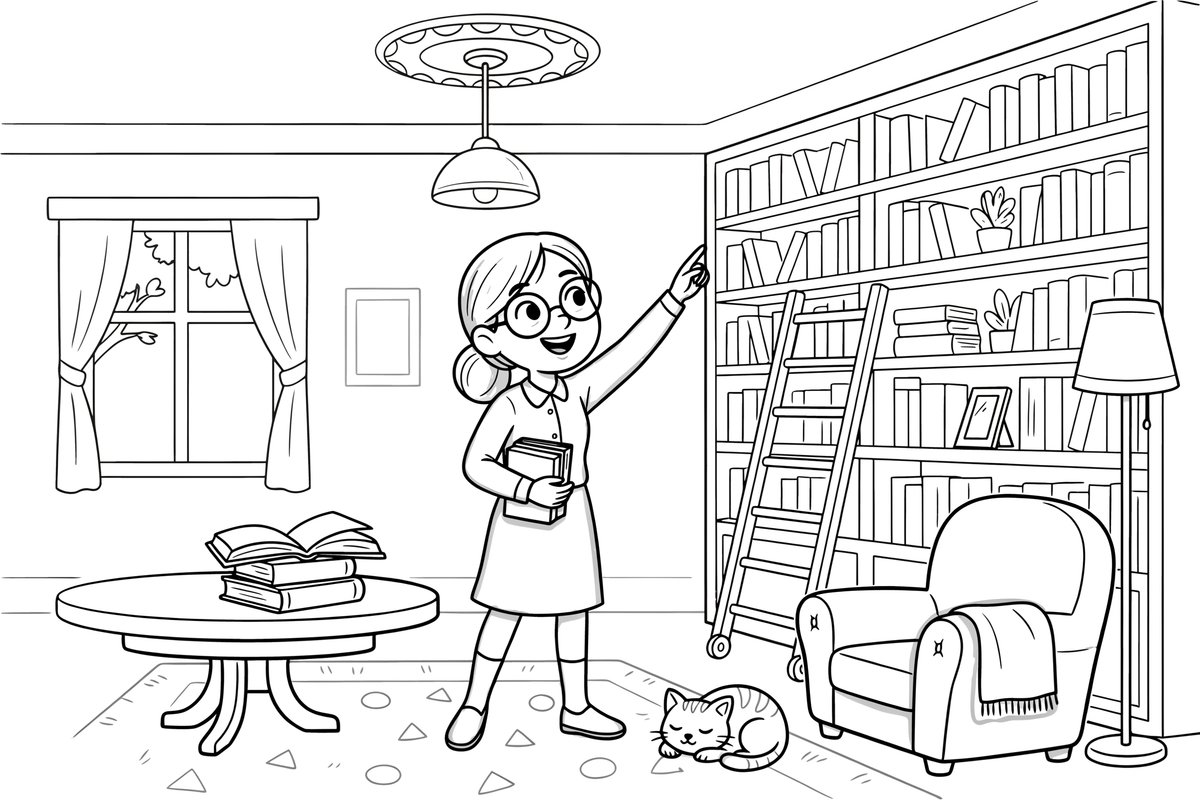 A librarian with glasses pointing to a book on a high shelf close up – Cozy Library Place coloring page