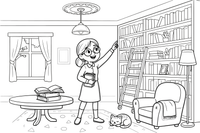 A librarian with glasses pointing to a book on a high shelf close up – Cozy Library Place coloring page
