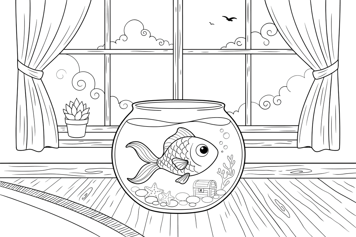 A goldfish swimming in a round fishbowl – Goldfish coloring page