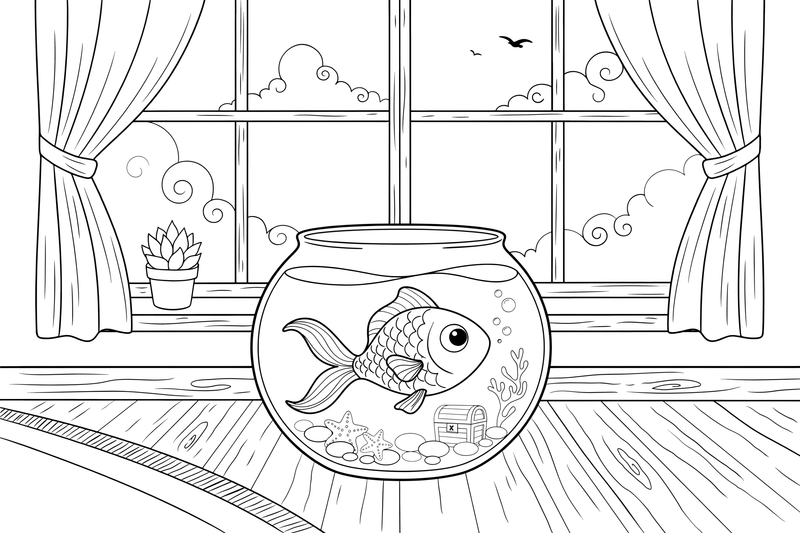 A goldfish swimming in a round fishbowl – Goldfish coloring page