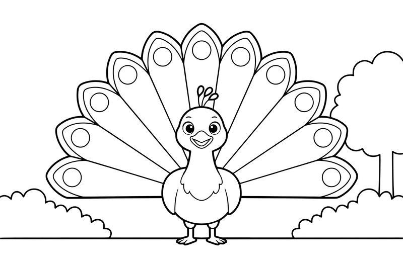 A peacock showing off its big fanned tail – Peacock Bird coloring page