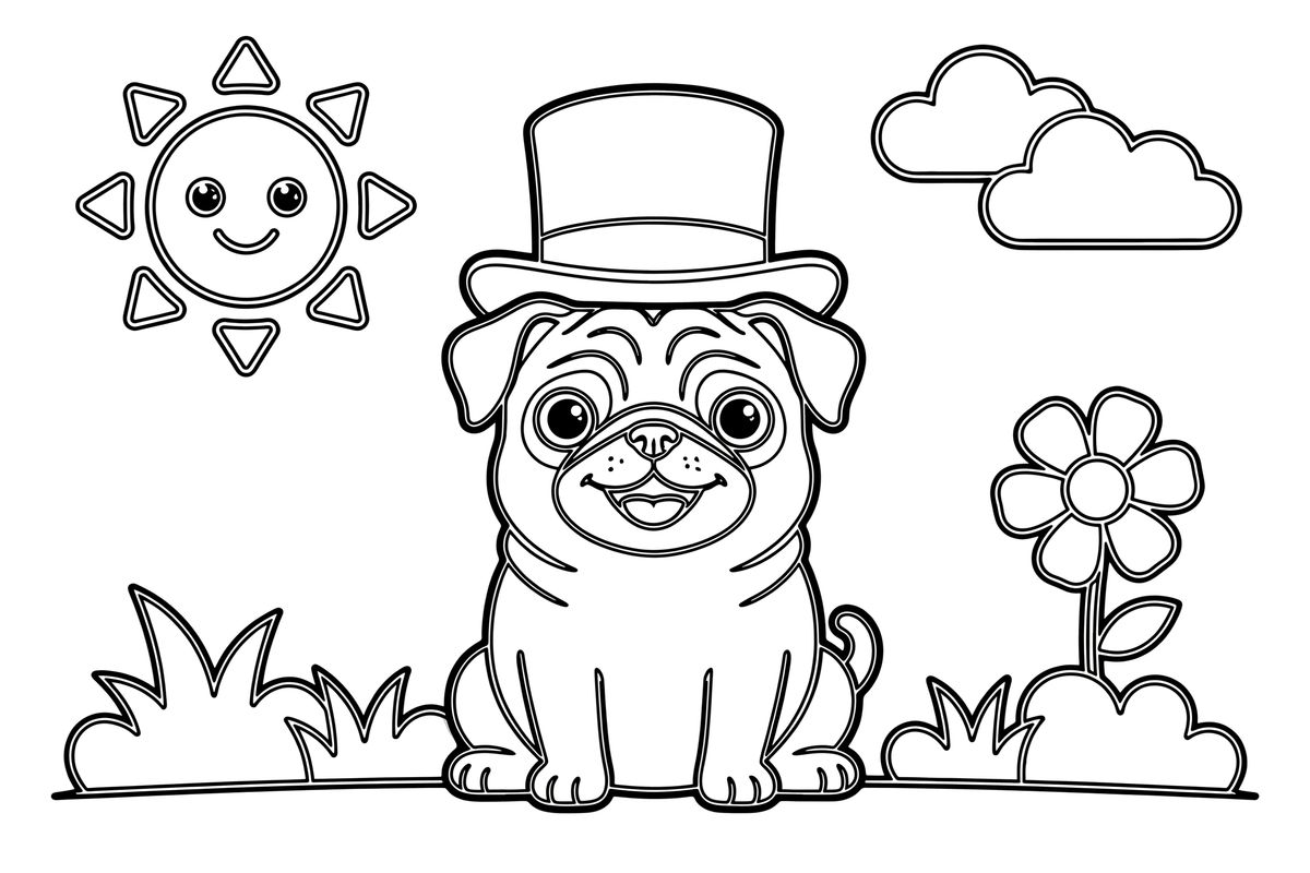Pug with Hat – Playful Pug Dog coloring page