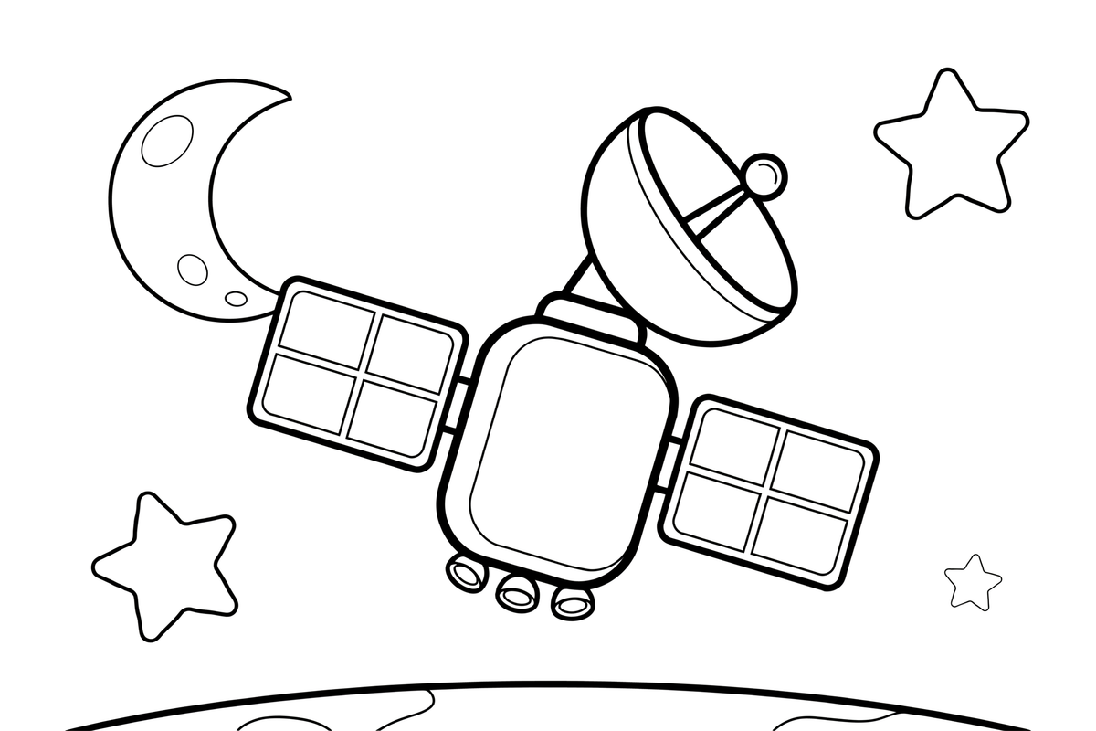 One big satellite up close, with a dish antenna and panels – Space Tech Spaceship coloring page