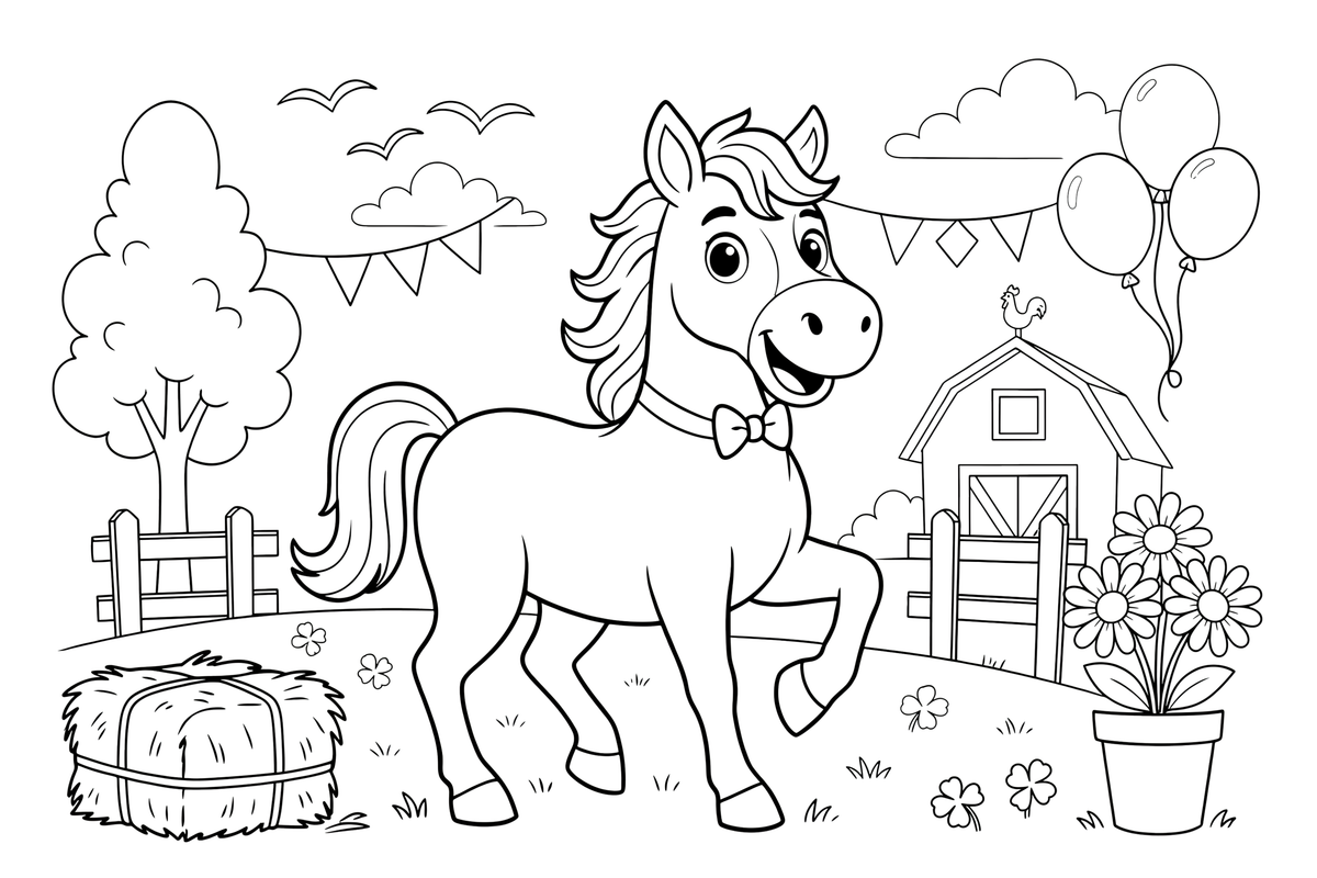Horse standing in a green pasture – Galloping Horse Farm coloring page