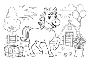Horse standing in a green pasture – Galloping Horse Farm coloring page