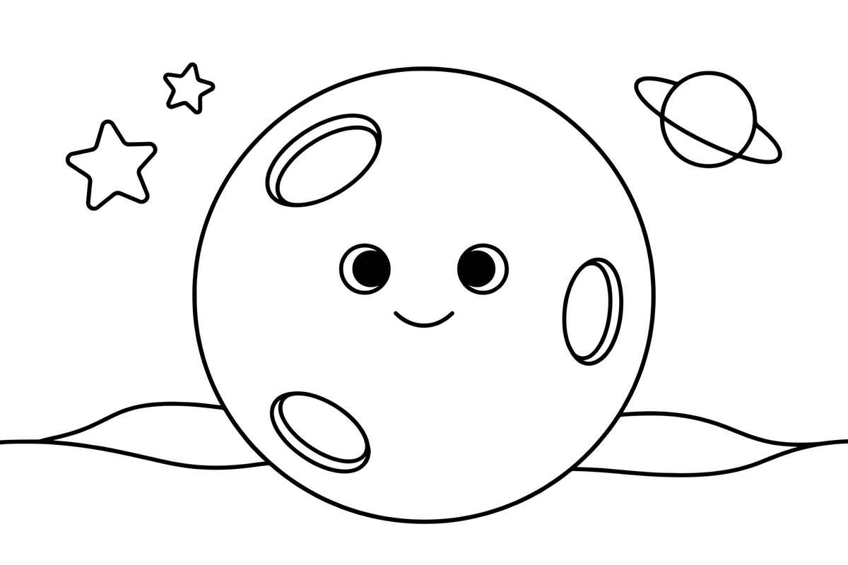 A close-up of the mars planet with big simple craters (outlined, empty) – Mars coloring page