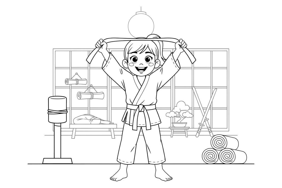 A martial artist girl showing off a black belt – Martial arts Fighters coloring page