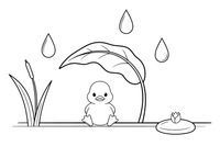 The little sad duckling sheltering under a big leaf in the rain – The Ugly Duckling Story coloring page