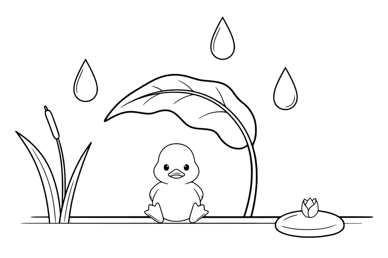 The little sad duckling sheltering under a big leaf in the rain – The Ugly Duckling Story coloring page