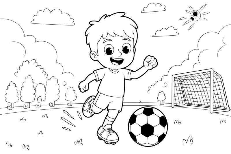A boy kicking a soccer ball – Energetic Soccer Player coloring page