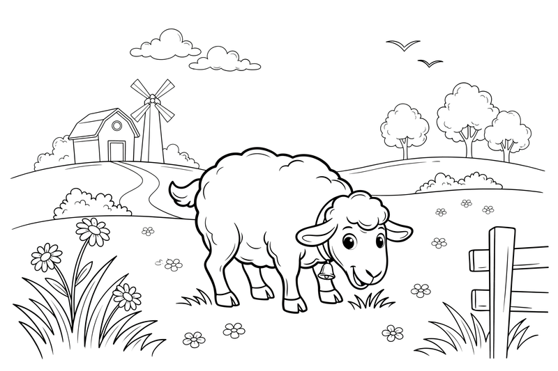 A sheep grazing in a green meadow – Sheep coloring page