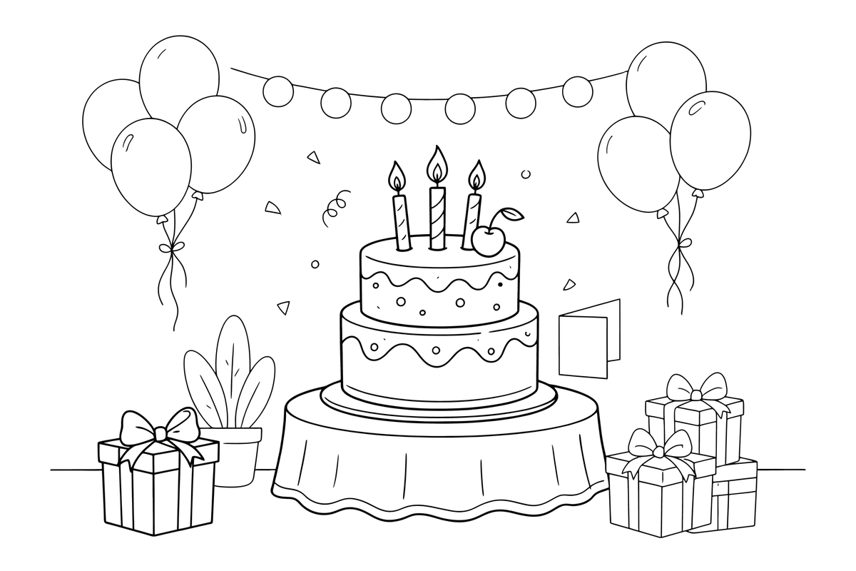 A cake topped with a cherry and candles – Birthday Cake Wishes coloring page