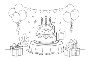 A cake topped with a cherry and candles – Birthday Cake Wishes coloring page
