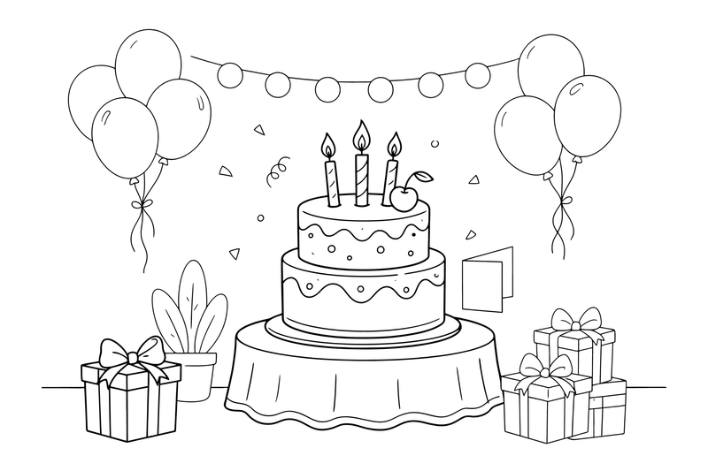 A cake topped with a cherry and candles – Birthday Cake Wishes coloring page