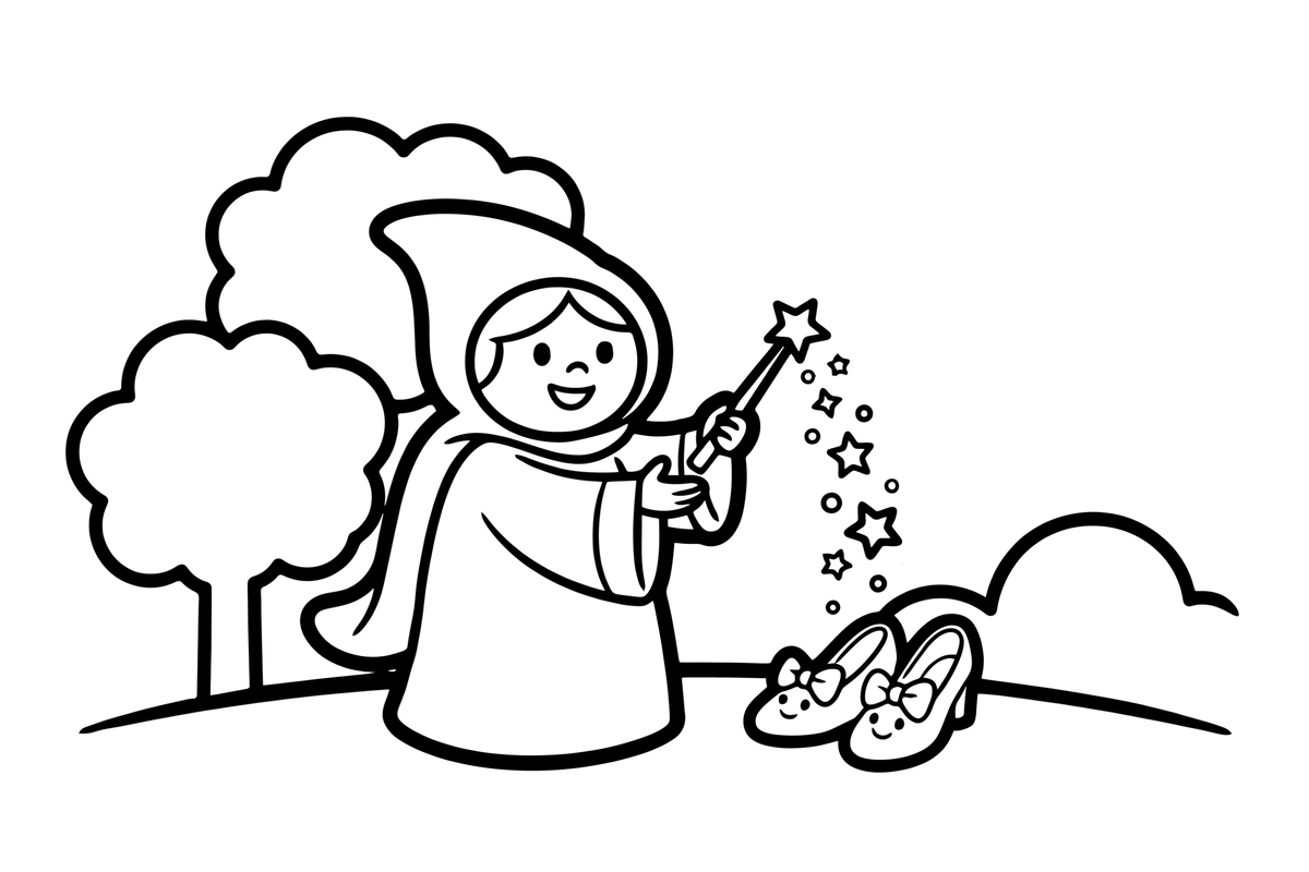 Fairy Godmother sprinkling magic dust over shoes – Fairy Godmother Fairy Scenes coloring page
