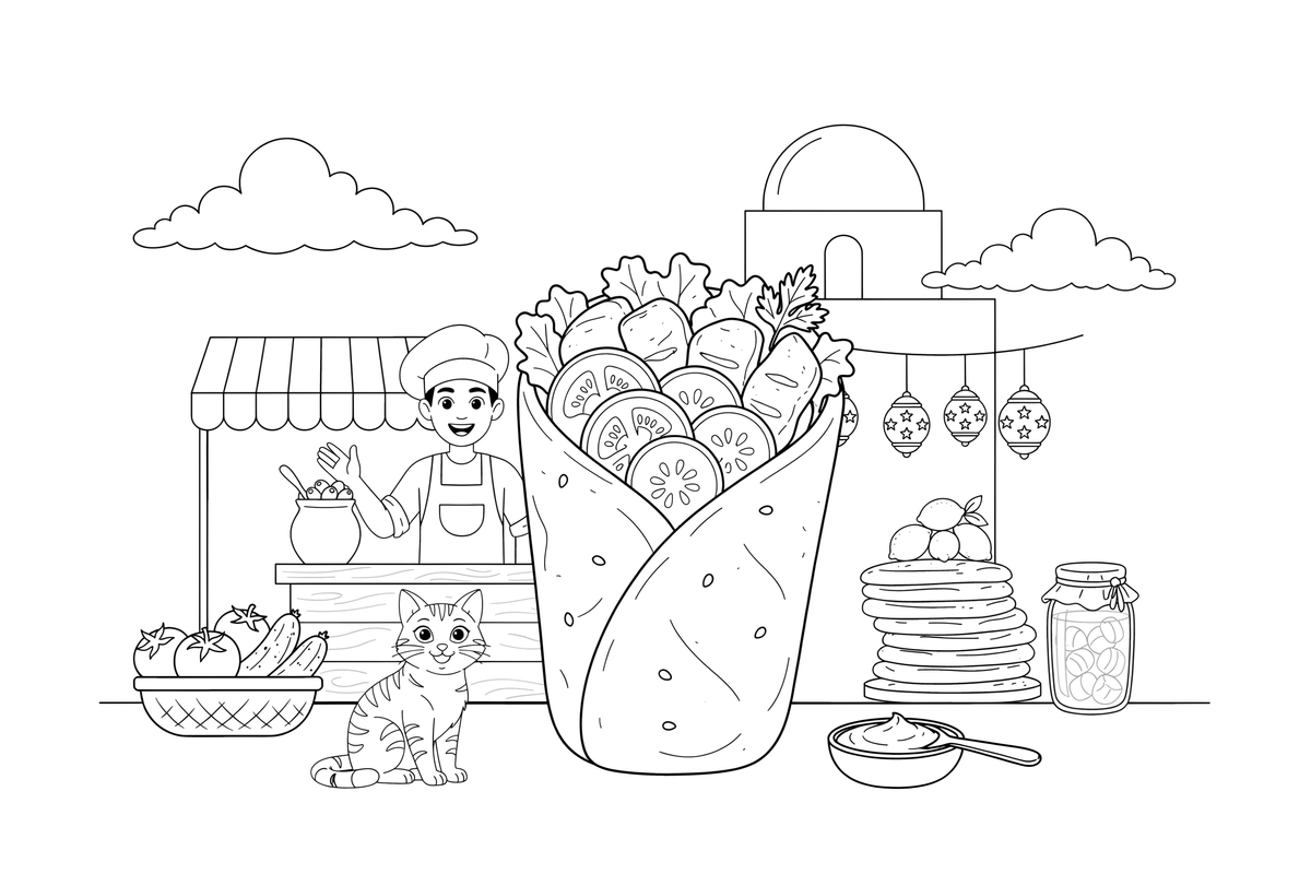 A kebab wrap filled with vegetables (Middle East) – World Food Delights coloring page