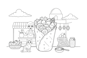 A kebab wrap filled with vegetables (Middle East) – World Food Delights coloring page