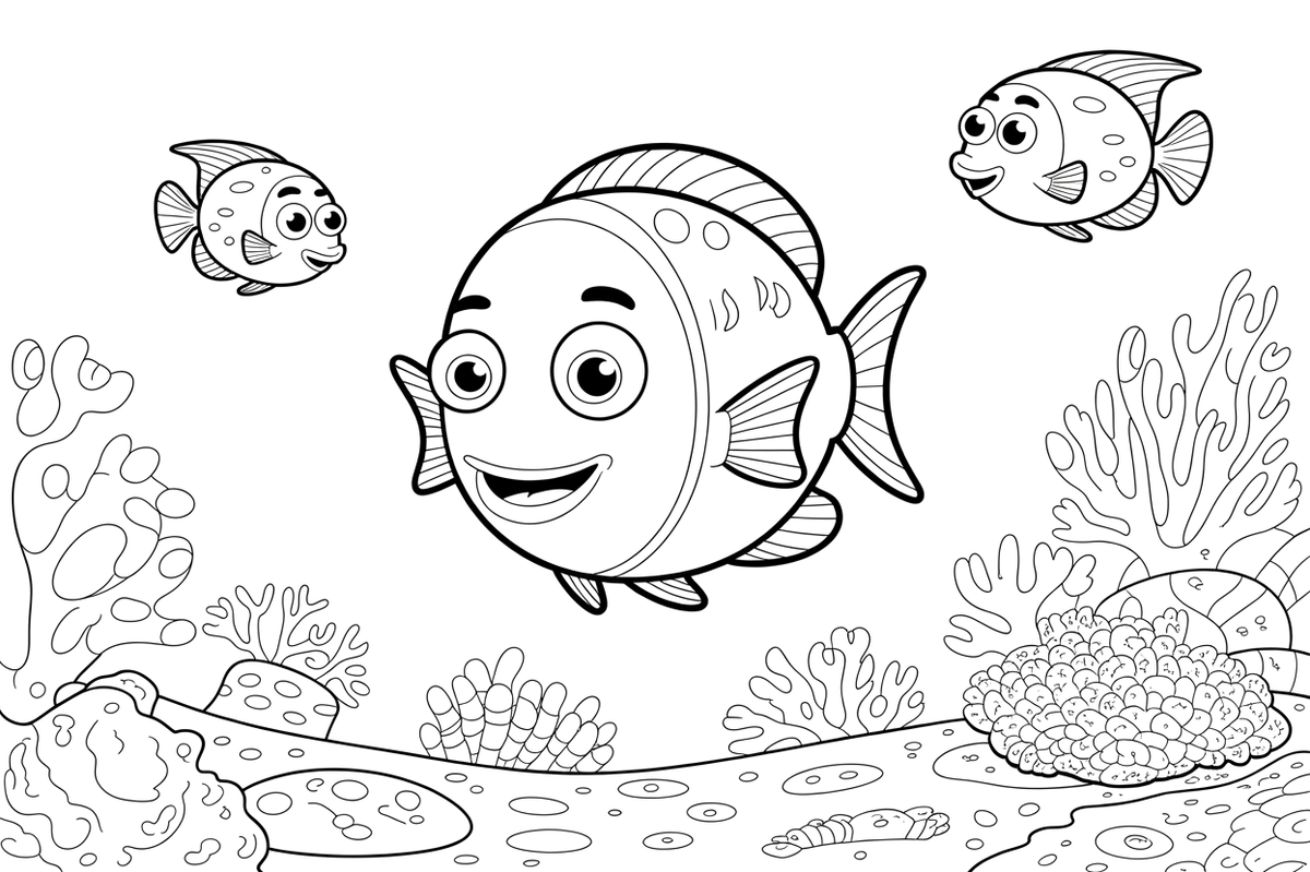 A big fish in front of a colorful coral reef, the fish large and centered – Magical Underwater World coloring page