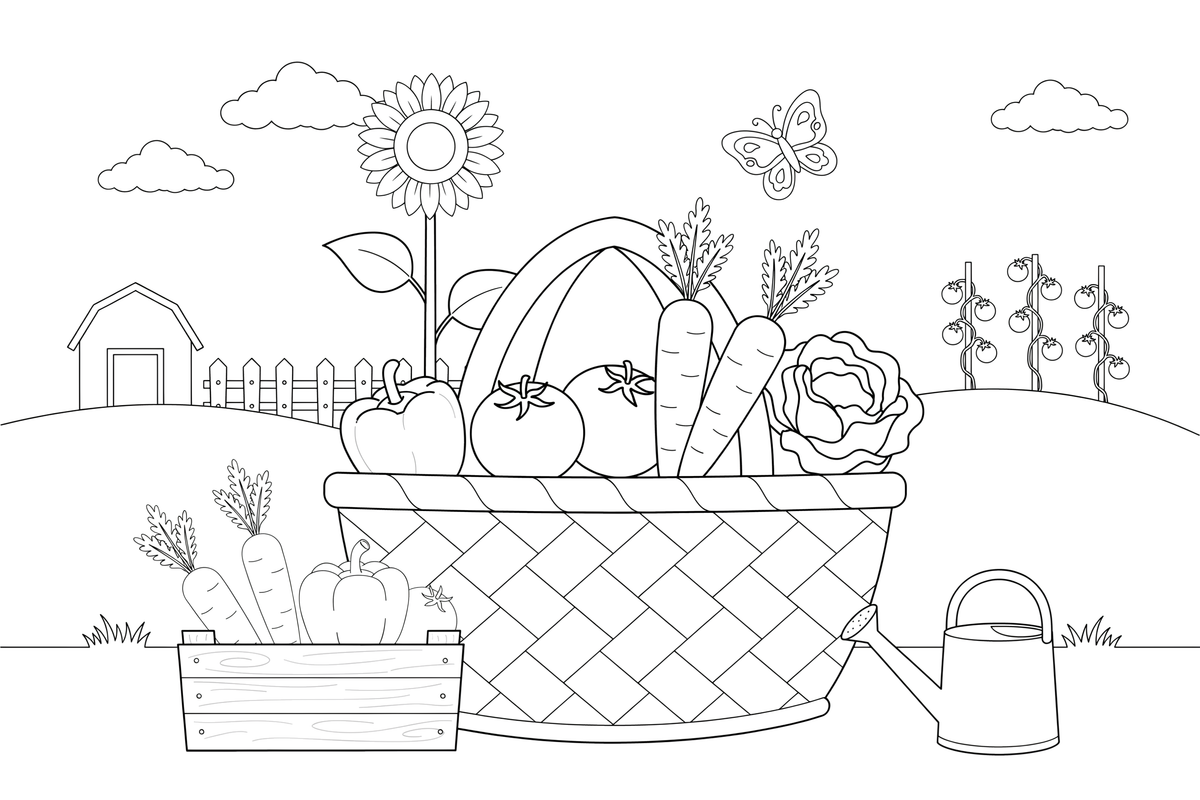 A basket full of mixed vegetables — carrots, tomatoes and peppers – Fresh Vegetables coloring page