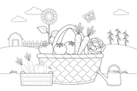 A basket full of mixed vegetables — carrots, tomatoes and peppers – Fresh Vegetables coloring page
