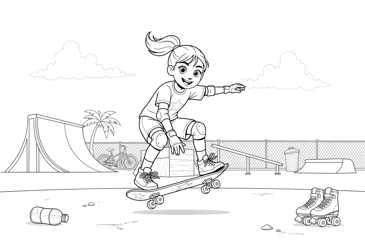 A skater girl doing a kickflip – Cool Skateboarding coloring page