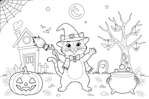 Halloween a cat with a witch hat – Halloween Autumn Night coloring page
