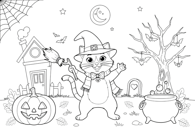 Halloween a cat with a witch hat – Halloween Autumn Night coloring page
