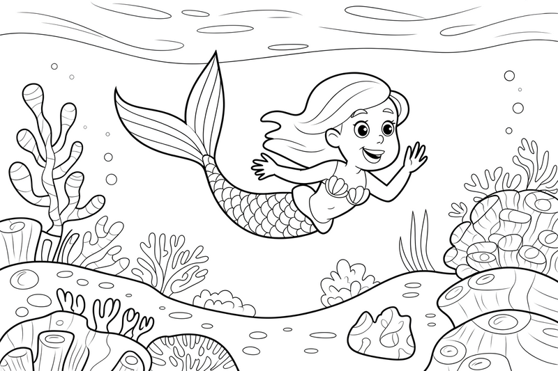 Mermaid swimming through a colorful coral reef – Mermaid Magical Moments coloring page