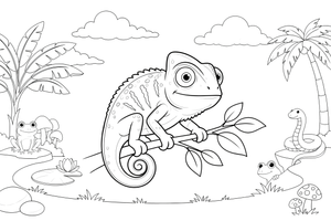 A chameleon with big round swivel eyes on a leafy twig – Reptiles & Amphibians coloring page