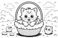 A fluffy baby kitten sitting in a cozy little basket – Baby Animal Pet coloring page