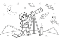 A child looking through a telescope at the night sky – Space Tech Spaceship coloring page
