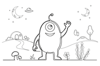A friendly round alien with one big eye, smiling and waving – Friendly Alien coloring page