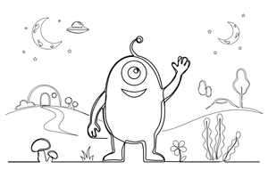 A friendly round alien with one big eye, smiling and waving – Friendly Alien coloring page