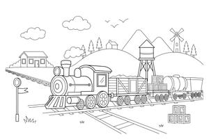 A freight train pulling many cargo wagons – Rail Rail coloring page