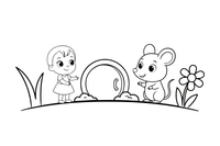 The tiny girl meeting a kind field mouse at a little round door – Thumbelina Story coloring page