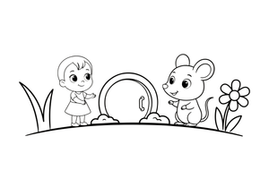 The tiny girl meeting a kind field mouse at a little round door – Thumbelina Story coloring page
