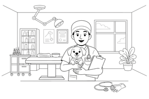 A vet holding a puppy – Busy Job Workers coloring page