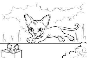 Sphynx chasing the mouse running quickly – Sphynx Cat in Motion coloring page