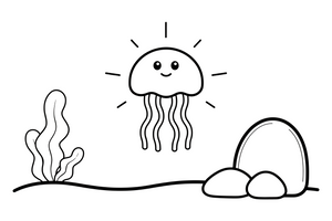 A jellyfish glowing softly near a dark underwater cave (glow shown as simple lines, no fill) – Glowing Jellyfish coloring page