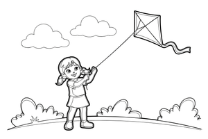 A girl flying a kite in a meadow – Kite coloring page
