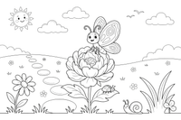 Peony a butterfly landing on a flower – Peony Flower Display coloring page
