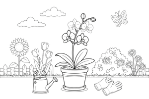 An orchid plant in a pot with several blooms on a stem – Popular Flowers coloring page